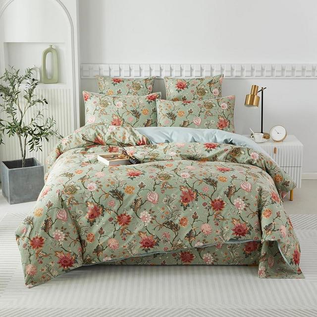 Softta Vintage Shabby Colorful Flower Leaves Bedding Set King Size 3Pcs Elegant Duvet Cover Set Boho 100% Egyptian Cotton Light Gray Green