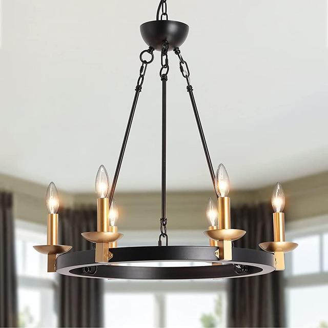 6-Lights Black Wagon Wheel Chandelier Farmhouse,Industrial Iron Lighting Candle Style,Rustic Hanging Ceiling Light Fixture Dining Room Kitchen Island Bedroom Living Room Foyer Hallway .