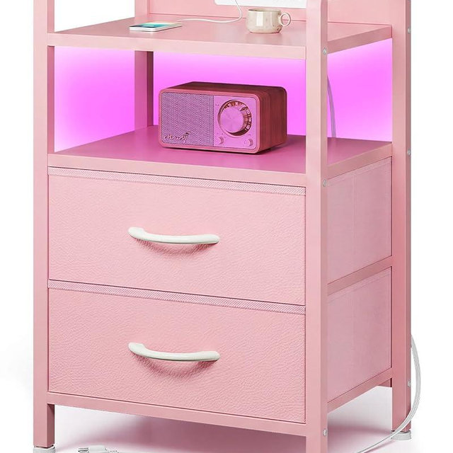 Lazzanto Night Stand Bedside Charger Bedroom - Nightstand with Charging Station & LED Light Strip, Night Stand with Storage Shelf & 2 Fabric Drawers, Morden End Table with USB Ports&AC Outlets,Pink