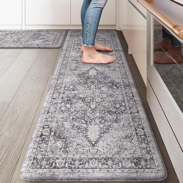 KIMODE Anti Fatigue Kitchen Mat for Floor, Boho Distressed Kitchen Rugs Sets of 2, Kitchen Floor Mats Non-Slip, Cushioned Standing Desk mat for Sink, Laundry, Office Purple/Grey 17"x59"+17"x29"