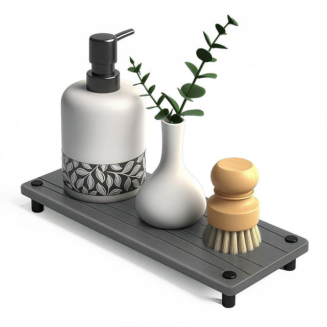 Quick Dry Sink Caddy Kitchen Sink Organizer, Water Absorbing Stone Tray for Sink, Stone Drying Tray, Diatomite Faucet Mat & Protector, Dispenser Sponge Holder, Stone Soap Tray for Bathroom Counter