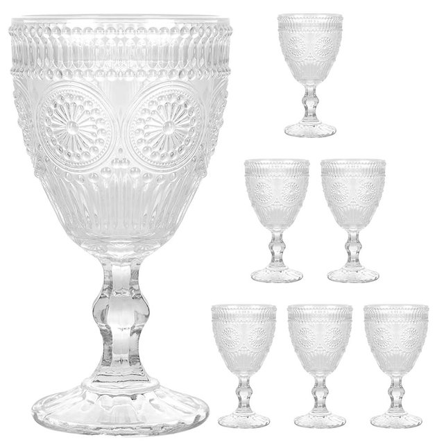 Vintage Wine Glasses Set of 6, 10 oz Glass Goblets Wine Glassware, Romantic Wedding Glass Set, Drinking Stemware Beverage Cups for Wedding Party Bar, Embossed Design, Transparent