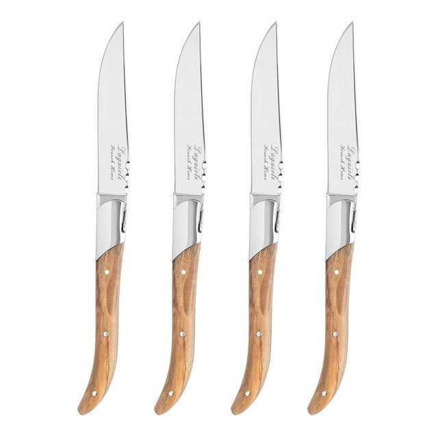 French Home Laguiole Connoisseur Set of 4 Solid Stainless Steel Steak Knives — (Olive Wood) Silverware Set — Laguiole Knives — Wood Steak Knives — 4 Steak Knife Set — Cutlery Set For 4