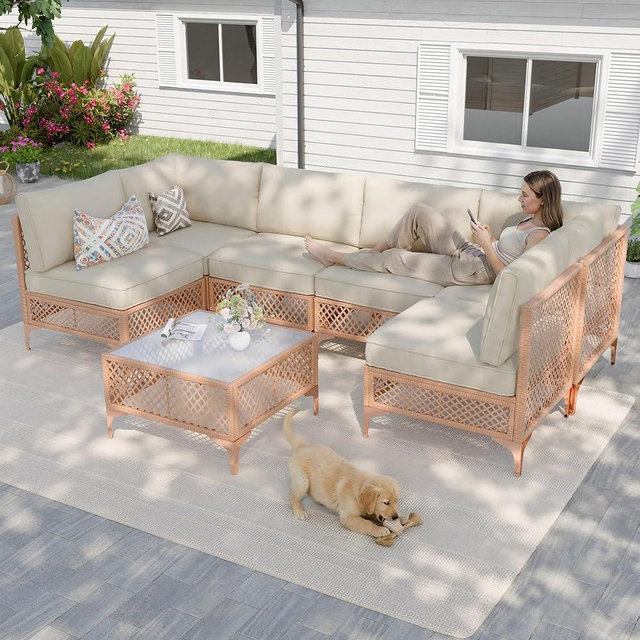 Vikiullf Patio Conversation Sets, 7 Piece Outdoor Furniture Set with Thick Cushions, Wicker Sectional Sofa Set with Coffee Table for Backyard, Poolside, Garden (Beige)