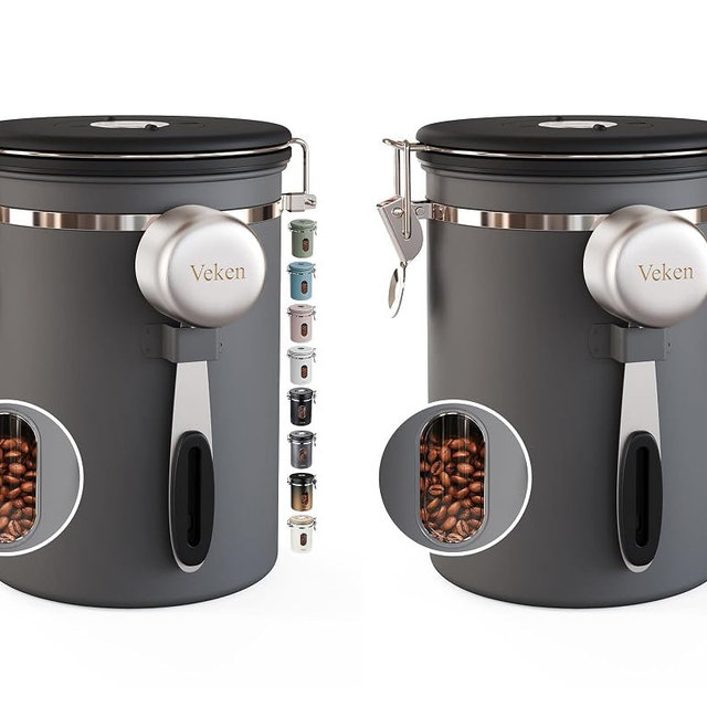 Veken Coffee Canister with Window,Airtight Stainless Steel Kitchen Food Storage Container, Date Tracker & Scoop for Grounds Coffee, Beans, Tea, Flour, Cereal,Sugar,22OZ,Grey (Pack of 2)