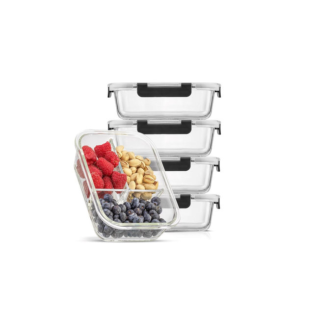 JoyJolt 3-Sectional Divided Food Prep Food Storage Containers with Lids - Set of 5 - Black