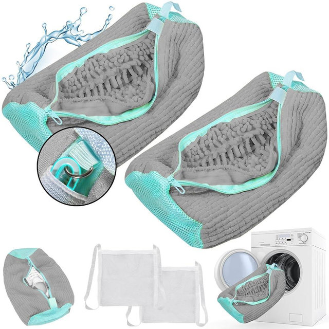 Shoe Washing Machine Bag, 2 Pack Grey Laundry Shoe Bags for Washer and Dryer, Sturdy Zipper with Hook Design, Dry Net Bag Included, Reusable Shoe Washing Bag for Sneaker, Grey 2PCS