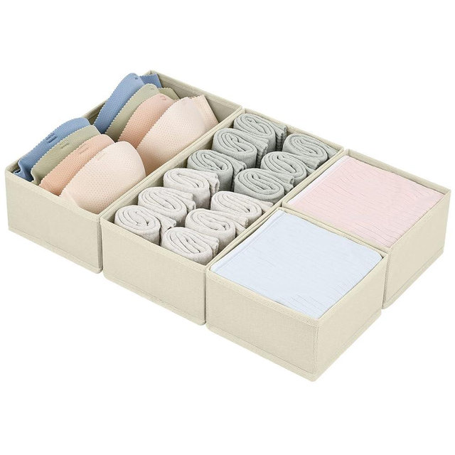DIMJ Drawer Organizers Clothes, Set of 4 Dresser Organizer Bins, Fabric Closet Organizers and Storage, Shallow Drawer Dividers for Nursery, Clothing, Baby Clothes, Socks, Underwears, Tie (Beige)