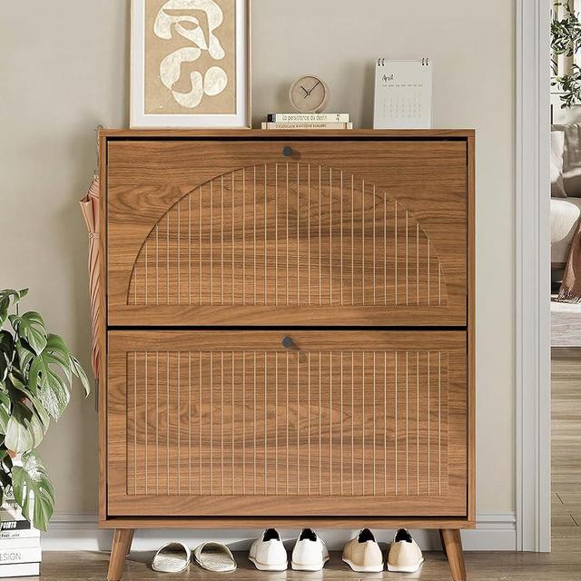 Fsbecl Shoe Storage Cabinet for Entryway with 2 Flip Drawers, Narrow Wood Shoe Cabinet with Fluted Panel, Freestanding Hidden Shoe Organizer for Foyer, Hallway (Walnut)