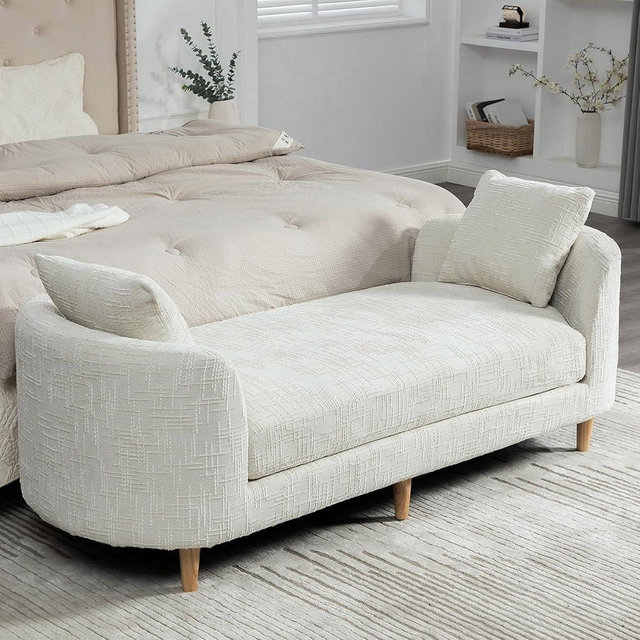 poneeridea 77" End of Bed Bench King Size,Chenille Extra Large Window Bench with 2 Pillows,End of Bed Couch,Upholstered Daybed Bench for Living Room(Beige,Ivory,White)
