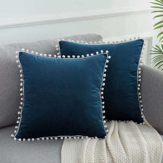 WLNUI Soft Velvet Dark Blue Pillow Covers Decorative Cute Pom Poms Throw Pillow Covers Square Cushion Case for Sofa Couch Home Decor 18x18 Inches