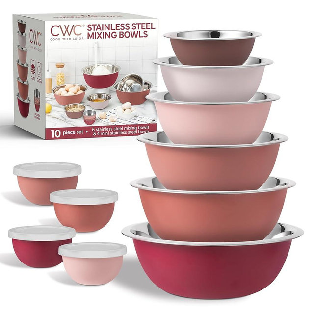 COOK WITH COLOR Stainless Steel Mixing Bowls - Stainless Steel Nesting Bowls Set includes 6 Prep Bowl and Mixing Bowls and 4 Mini Bowls, 10 Pieces, Rose
