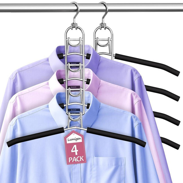Clothes Hangers Space Saving, Stackable Shirt Hangers, 4-Tier Non-Slip Coat Hanger with 360° Swivel Hook for Closet Organizers and Storage Shirt,Sweater,Suit - 4 Pack