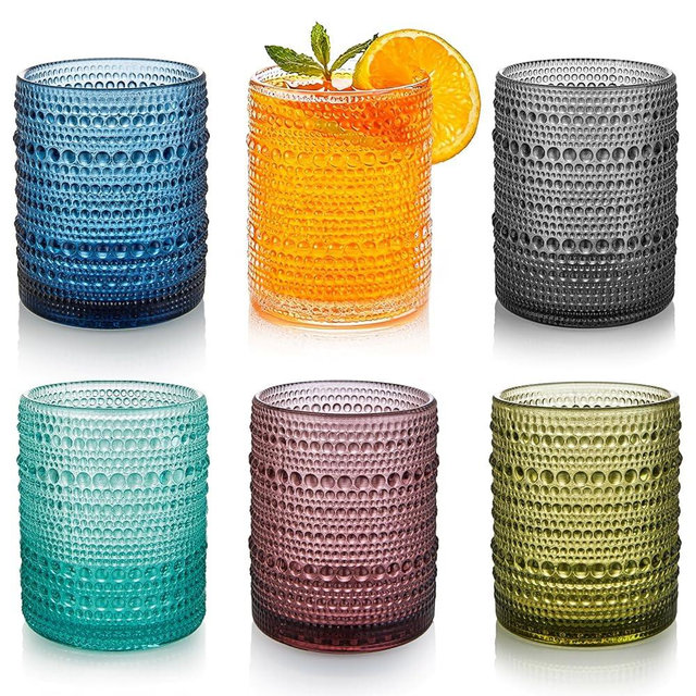 HomeVogue 12oz Colored Hobnail Drinking Glasses Set of 6, Vintage Glassware Old Fashioned Beverage Glasses, Cocktail Glass Set, Kitchen Water Glasses Cup, for Beer, Smoothie, Juice
