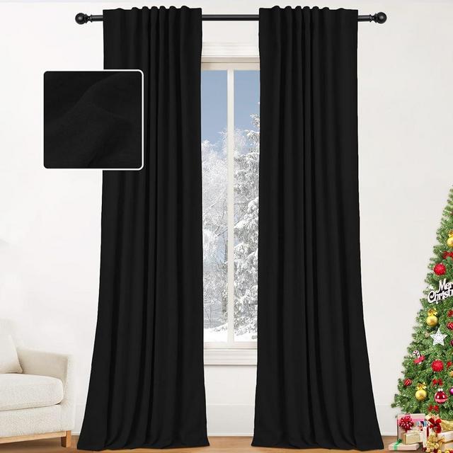INOVADAY 100% Black Blackout Curtains 84 Inch Length 2 Panels Set, Back Tab/Rod Pocket Linen Blackout Curtains for Bedroom, Thermal Insulated Room Darkening Drapes for Living Room, 52''W x 84''L