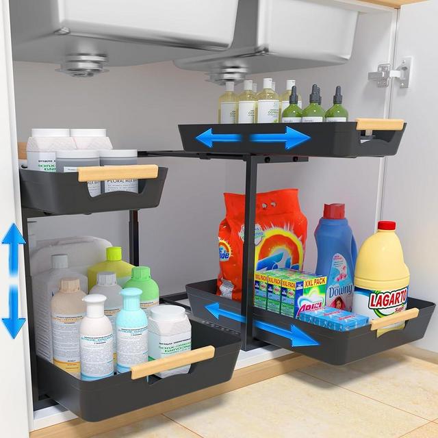 Execent Under Sink Organizers and Storage,2 Tier Pull out Cabinet Shelves Baskets with Plastic Sliding Drawers, Slide out Under the Sink Organizer Shelf for Home, Kitchen, Pantry,Cabinet, Countertop