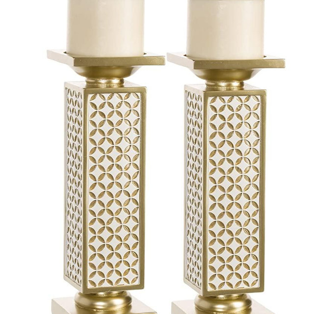 Schonwerk Diamond Lattice Decorative Pillar Candle Holders, Set of 2- Functional Table Decorations- Centerpieces for Dining/Living Room- Best Wedding/Birthday (Gold & White)