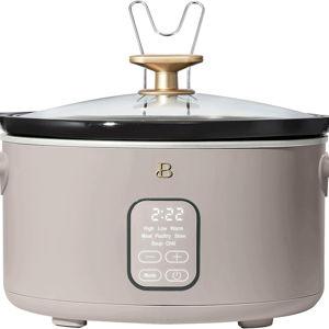 Beautiful 6 Qt Programmable Slow Cooker by Drew Barrymore - 5 Preset Cooking Functions, Digital Countdown Timer, Dishwasher-Safe Parts, and Cool-Touch Handles (Black) (Porcini Taupe.)