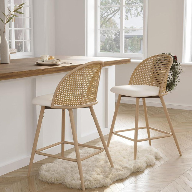 TYBOATLE 26'' BarStools Set of 2 w/Rattan Backrest, Swivel Counter Height Bar stools w/Metal Legs, Modern Mid-Century Boho Bar stools with Faux Leather for Kitchen Island, Dining Room, White