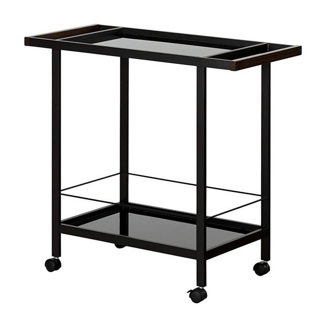 South Shore Metal Bar Cart on Wheels with Glass Shelves, Black Tempered Glass