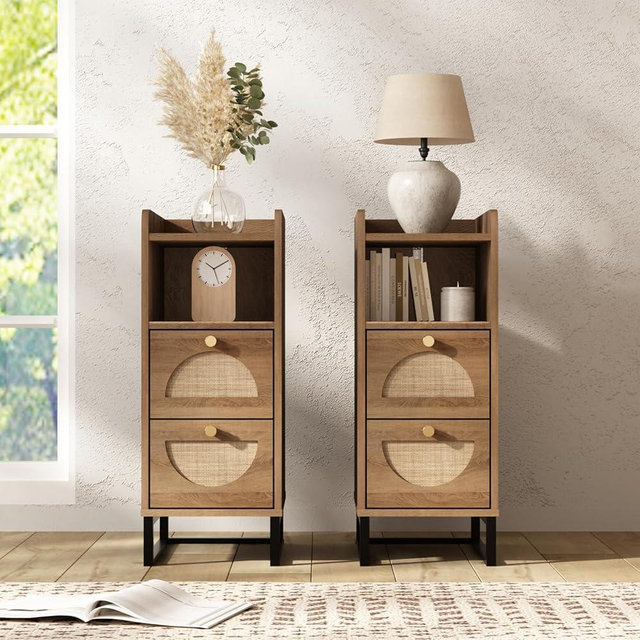 WINWY Narrow Nightstand for Small Spaces - 9.3" Slim Side Table with Rattan-Weave Drawers, Skinny Bedside Table with Open Shelf, Rustic Tall Thin Gap Filler for Bedroom, Caramel Oak, Set of 2