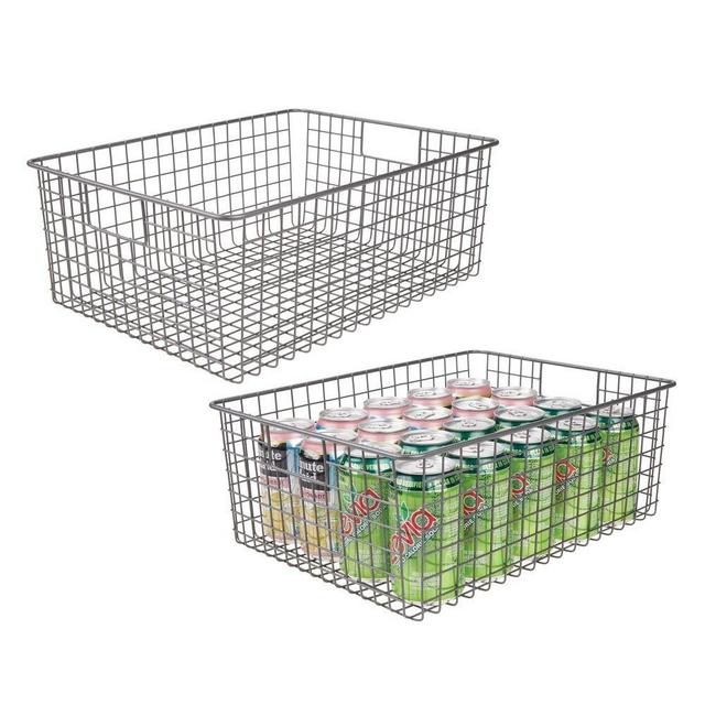 mDesign Metal Wire Wide Food Storage Basket Organizer with Handles for Organizing Kitchen Cabinets, Pantry Shelf, Bathroom, Laundry Room, Closets, Garage - Concerto Collection - 2 Pack - Graphite Gray
