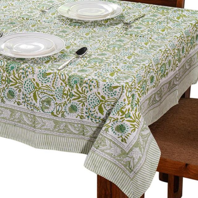 Cotton Print Club Block Print Indian Tablecloth, 100% Cotton Tablecover for Rectangle Tables, Linen Hand Floral Print Table Cloth for Thanksgiving, Christmas, Wedding-Agate Green 6 Seater 60x90 in