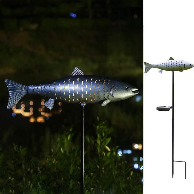 Kaixoxin Solar Garden Lights Metal Fish Decorative Stake for Outdoor Patio Yard Decorations,Warm White LED Solar Path Lights (Silver-2)