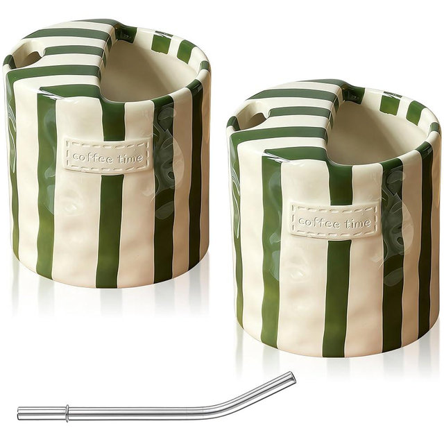 BSTUR 3 Pack Ceramic Coffee Mugs with Sip Hole, Espresso Cup 10oz Coffee Mugs Porcelain Coffee Cup Hand-Painted Striped Art Multiple Use for Kitchen, Dining-Green (2 cups+1 straw)