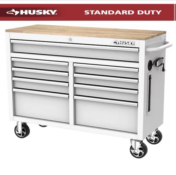Husky Tool Storage 46 in. W x 18 in. D 9-Drawer Gloss White Mobile Workbench Cabinet H46X18MWC9WHT