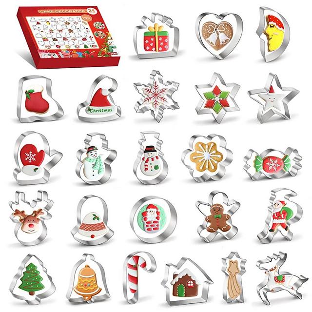 24PCS Christmas Cookie Cutter Set, Stainless Steel Xmas Biscuit Cutter Mold, DIY Baking Pastry Tool Small Biscuit Mold, Snowman/Christmas Tree/Gingerbread Man/Snowflake/Candy & More Shapes for Baking