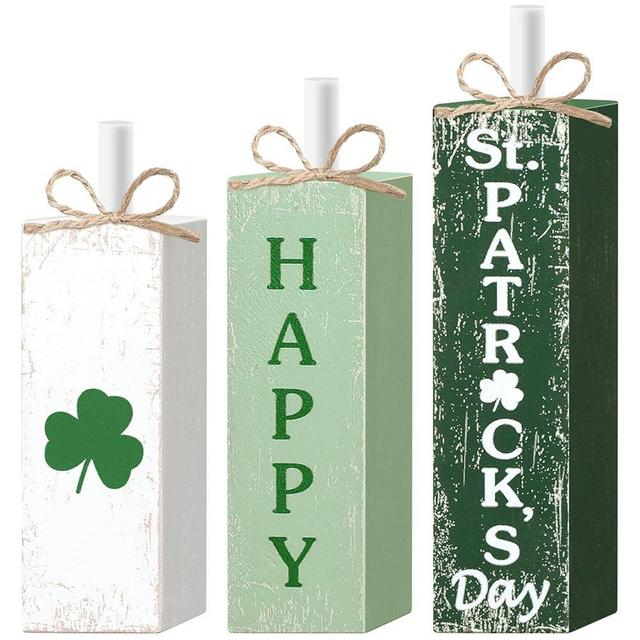 MiniInflat 3 Pcs St. Patrick's Day Table Decor Irish Tiered Tray Decor Green and White Clover Block Sign Rustic Farmhouse Wooden Tabletop Centerpieces for Home Office Kitchen Shelf Decorations