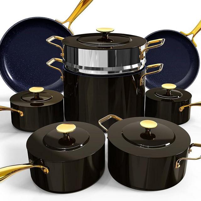 Nuwave Lux LE 13-Pc Cookware Set with Elegant Gold Handle, Diamond Infused Ceramic Non-Stick, PFAS Free, Premium Metal Lids, Ergonomic Stay-Cool Handles, Induction Ready & Compatible w/All Cooktops