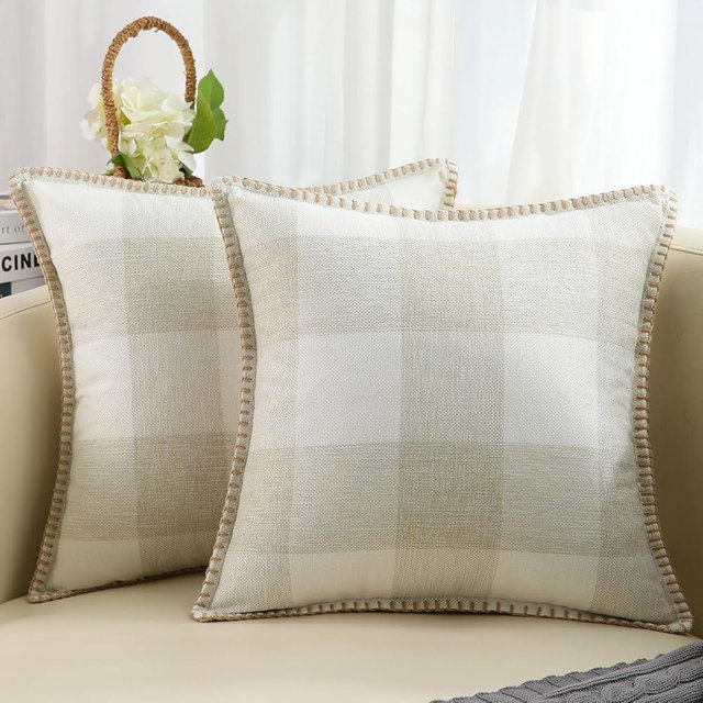 decorUhome Buffalo Plaid Check Spring Throw Pillow Covers 24x24 Set of 2, Outdoor Decorative Farmhouse Pillow Covers with Stitched Edge for Bed Couch Sofa, Cream White and Beige