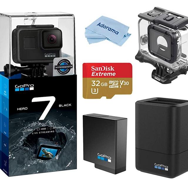 GoPro HERO7 Black - Waterproof Digital Action Camera, 4K HD Video 12MP, Dive Bundle with Super Suit Dive Case, Dual Charger, Extra Battery, 32GB microSD Card