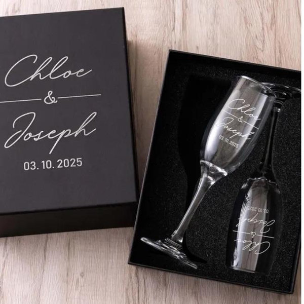 Wedding Champagne Flutes, Set of 2, Custom Wedding Gift, Wedding Champagne Glasses, Personalized Gifts, Engraved Wedding Toasting Glasses