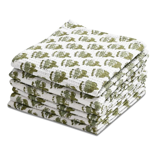 CPC Emerald Green Hand Block Printed Cotton Waffle Dish Cloth Set of 12-12x12 Inch Super Absorbent, Soft, Reusable Dish Cloth for Dish Drying & Cleaning Ideal for Spring, Summer