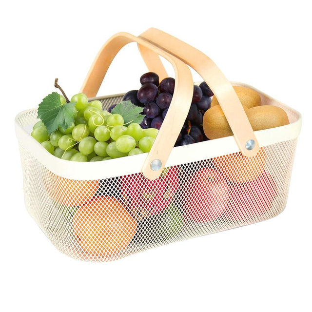 Garden Harvest Basket,Delicate Harvest Basket for Garden Vegetables,Practical Metal Mesh Wire Basket with Handle Suitable for Bathroom,Cabinet,Kitchen(White)