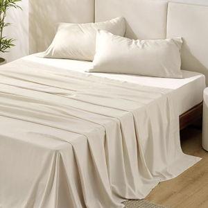 Light Beige--Bedsure GentleSoft Queen Sheet Set, Rayon Derived from Bamboo, Cooling Sheets, Breathable & Soft, Deep Pocket Up to 16", Hotel Luxury Silky Bedding for Hot Sleepers, Light Beige