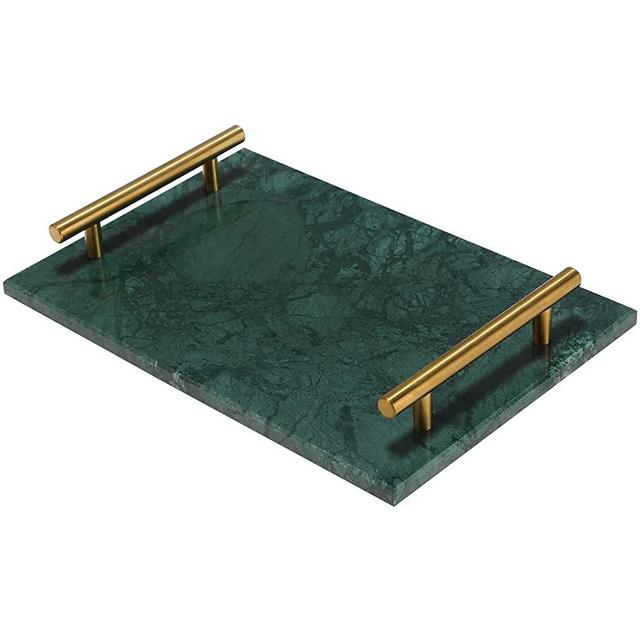 MAOPINER Marble Stone Decorative Tray Perfume Tray with Copper-Color Metal Handles Handmade Jewellery Tray Catchall Tray Trinket Tray for Counter, Vanity, Dresser, Nightstand and Desk (Green)