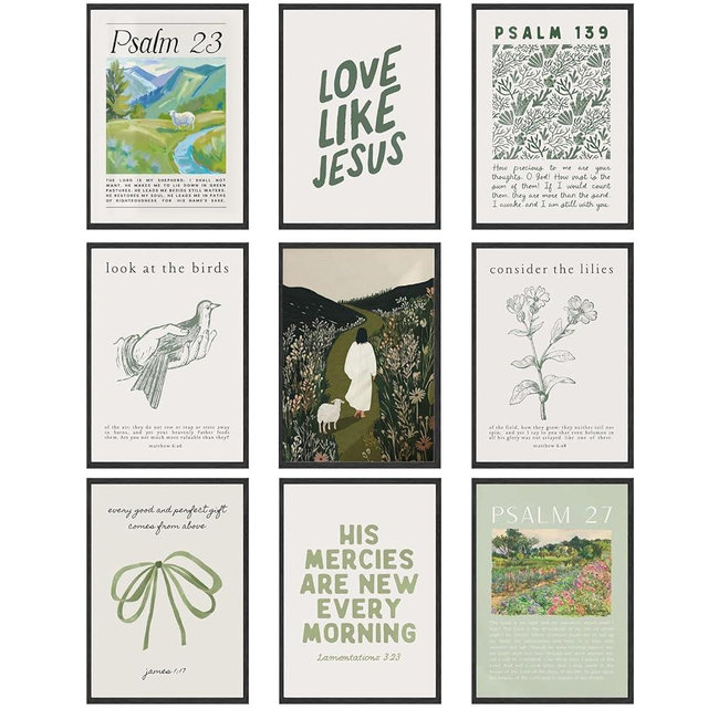 9pcs Sage Green Christian Wall Art Bible Verse Paintings Pictures Wall Decor Jesus Poster Printing Artwork for Living Room Bedroom Christian Housewarming Gift Fashionable College Style Home Decoration