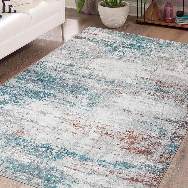 Mcadore Modern Abstract Area Rug, 8x10 Washable Rugs for Living Room Bedroom Office Floor Rug Dining Room Indoor Accent Rugs, Soft Thin Throw Rug Floor Carpet for Kids Pet (Teal/Ivory/Brown)