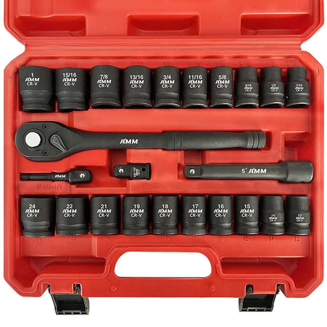 AMM 1/2" Drive Master Impact Socket Set, 24-Piece Shallow Standard SAE (7/16-Inch to 1-Inch) & Metric (13-24 mm) Sizes, Socket Assortment with Ratchet Handle | Cr-V Steel