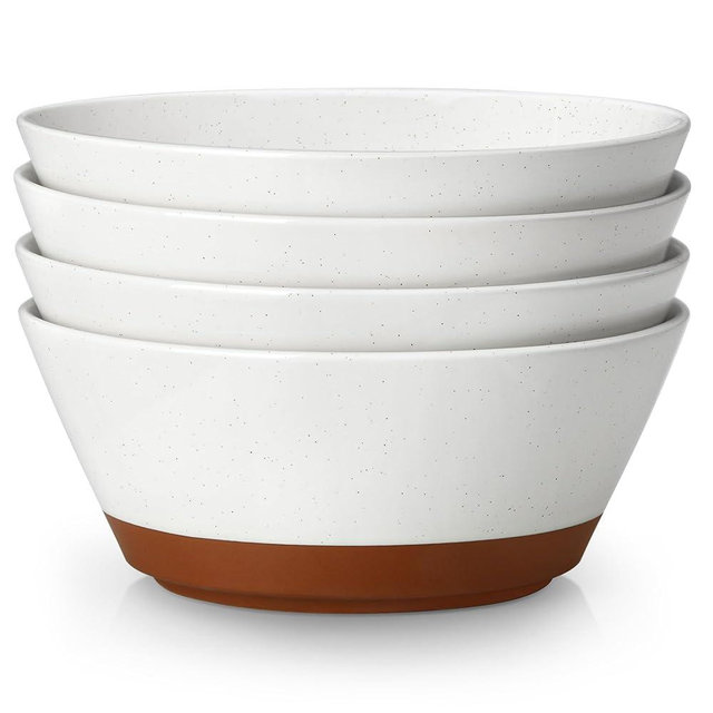 MALACASA Salad Bowls Set of 4, Soup Bowls for Kitchen, 60oz Large Ceramic Bowl for Ramen, Cereal, Fruit, Pho and Pasta, Microwave & Dishwasher Safe, Speckled Deep Bowls, White & Brown