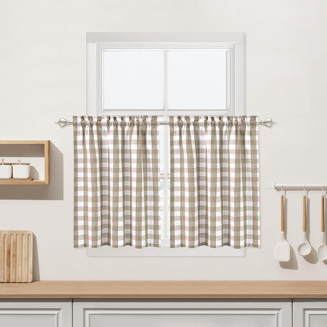 Beige Kitchen Cafe Curtains 45 Inches Length, Farmhouse Buffalo Check Pattern Short Bathroom Window Curtain, Tan Plaid Gingham Flax Rustic Half Window Tier Curtains, 28" x 45", Linen, Set of 2