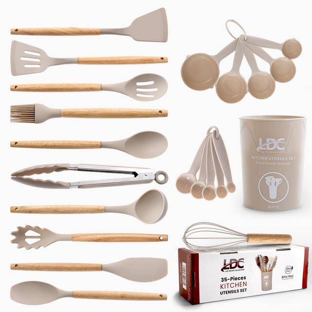 Kitchen Utensils 35Pc Cooking Utensil Set with Hanging Wooden Handles Heat Resistant Cooking Tools for Kitchen - Khaki