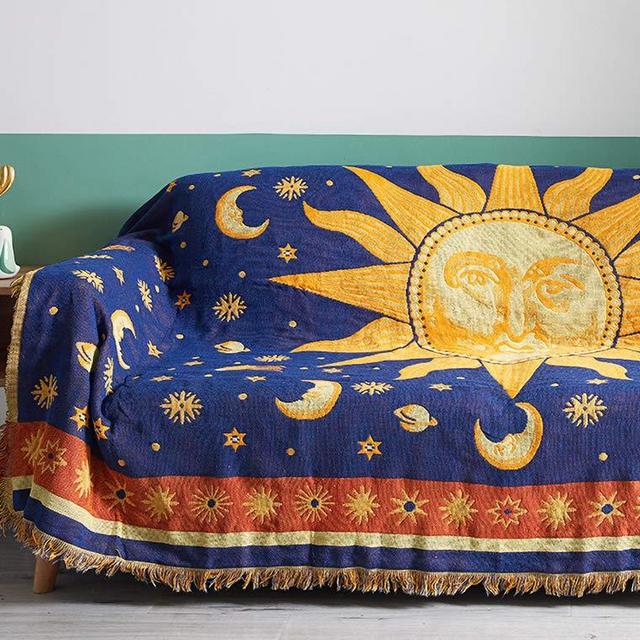 Erke 70" x 90" Sun and Moon Throw Blanket, Double Sided Cotton Woven Hippie Throws Wicca Blankets for Couch Bed Recliner Featuring Decorative Boho Fringe - Oversized, Yellow / Blue