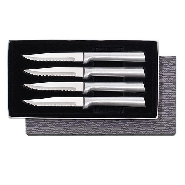 Rada Cutlery Serrated Steak Knife Set Stainless Steel Knives with Brushed Aluminum, Set of 4, 7 3/4, Silver Handle