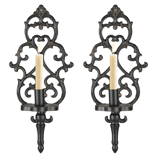 Cast Iron Wall Candle Sconces Set of 2, Metal Wall Hanging Candle Holder, Vintage Scroll Candle Holder Set, Decorative Candle Sconces for Living Room Bedroom Home Weddings Event