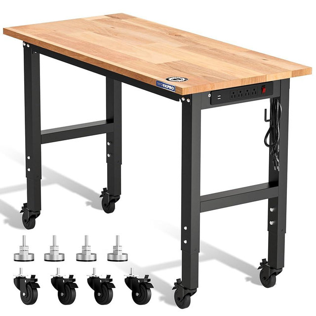WORKPRO Garage Workbench, 48"X22" Adjustable Workbench with Wheels and Leveling Foot, Rubber Wood Top Work Desk with Power Outlets, 1500 LBS Workbenches for Garage, Workshop, Home